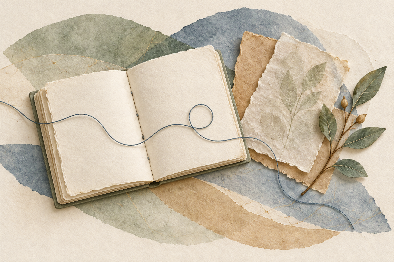 Watercolor open book, winding thread, and leafy branch on layered sage, blue, and gold paper.