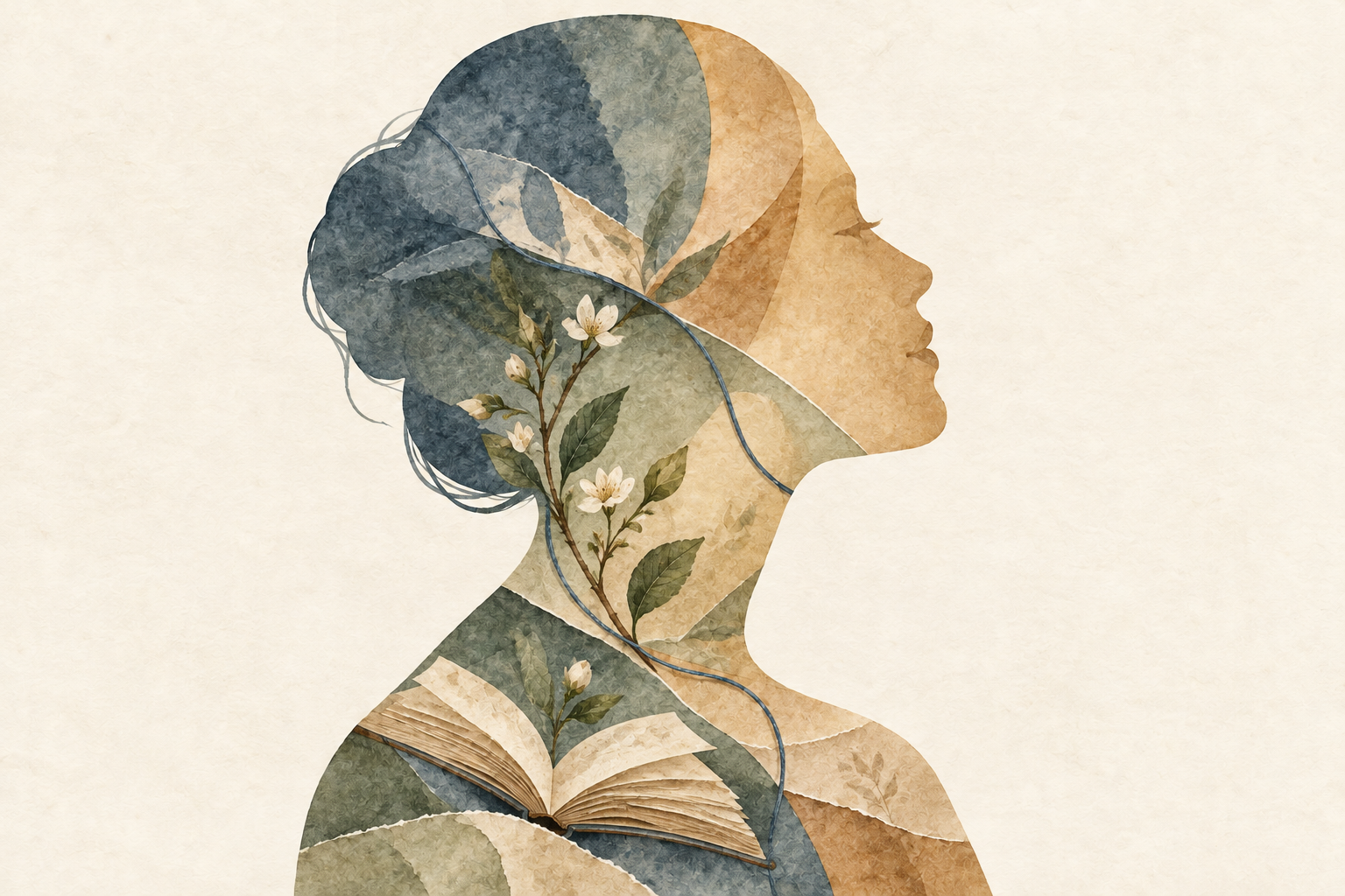 Watercolor silhouette with layered blue, sage, and gold shapes, flowers, and an open book.