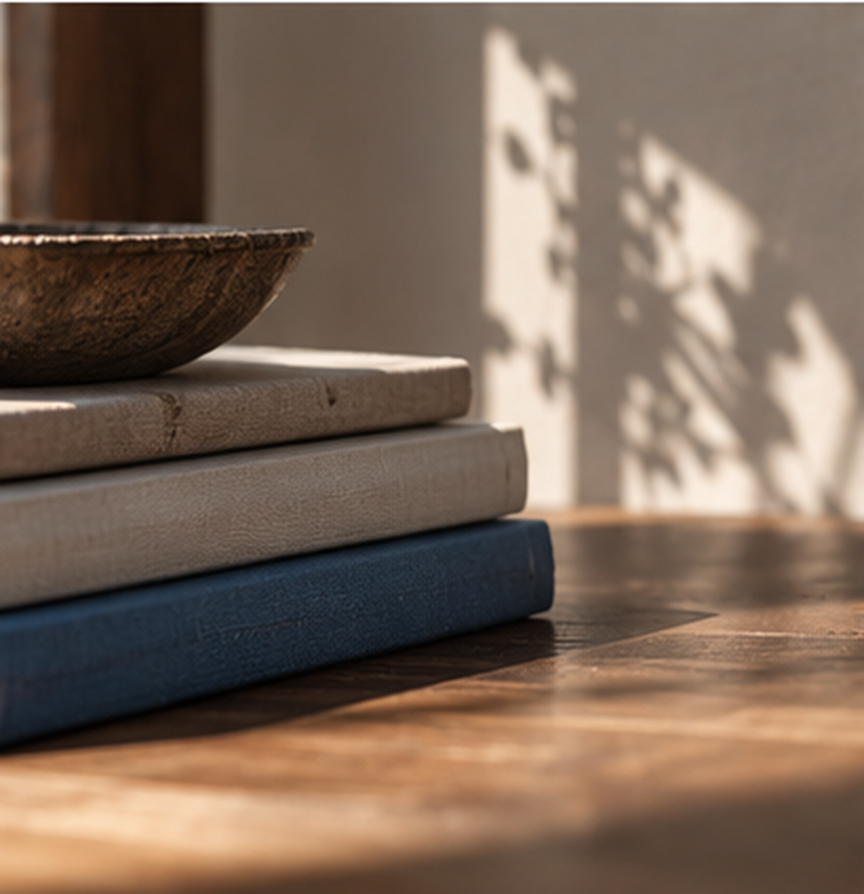 Ivory and slate-blue books with soft leaf shadows.