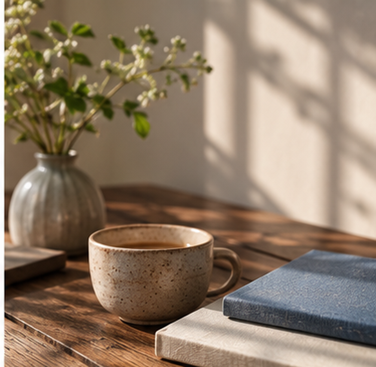 Espresso and blue books on a sunlit wooden table.
