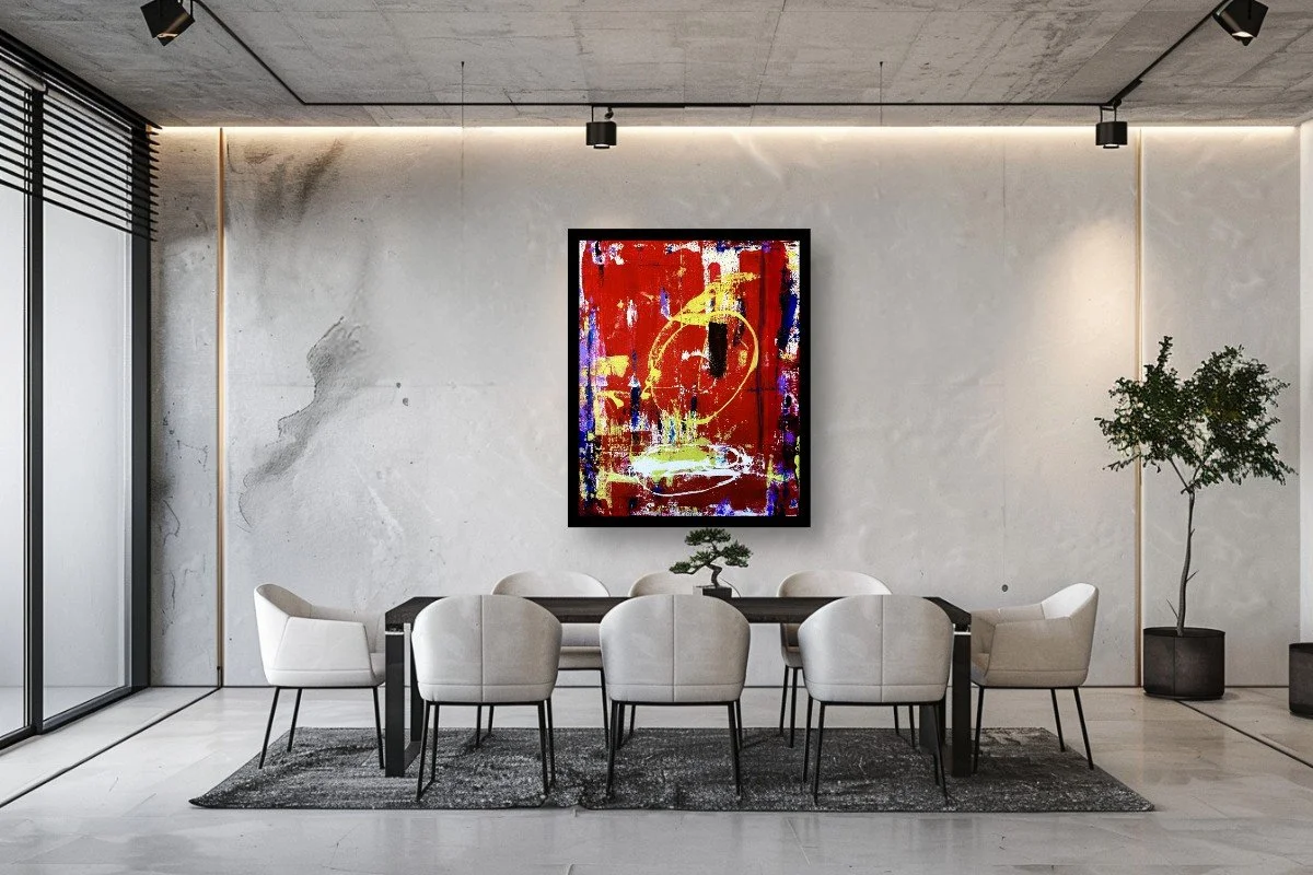 Registered Interruption displayed on a textured gray wall above a long dining table with upholstered chairs and ceiling track lighting; digital room mockup.