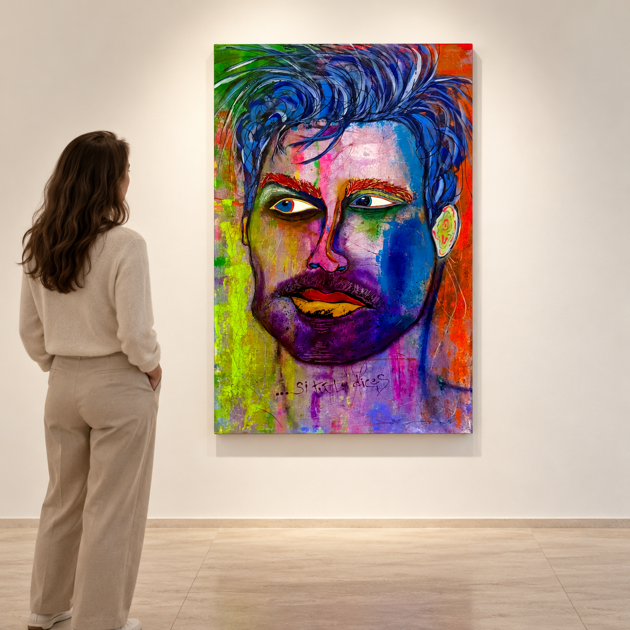 De Acuerdo… Si Tú Lo Dices displayed on a warm white gallery wall, with a visitor standing to the left looking at the painting; digital gallery mockup.
