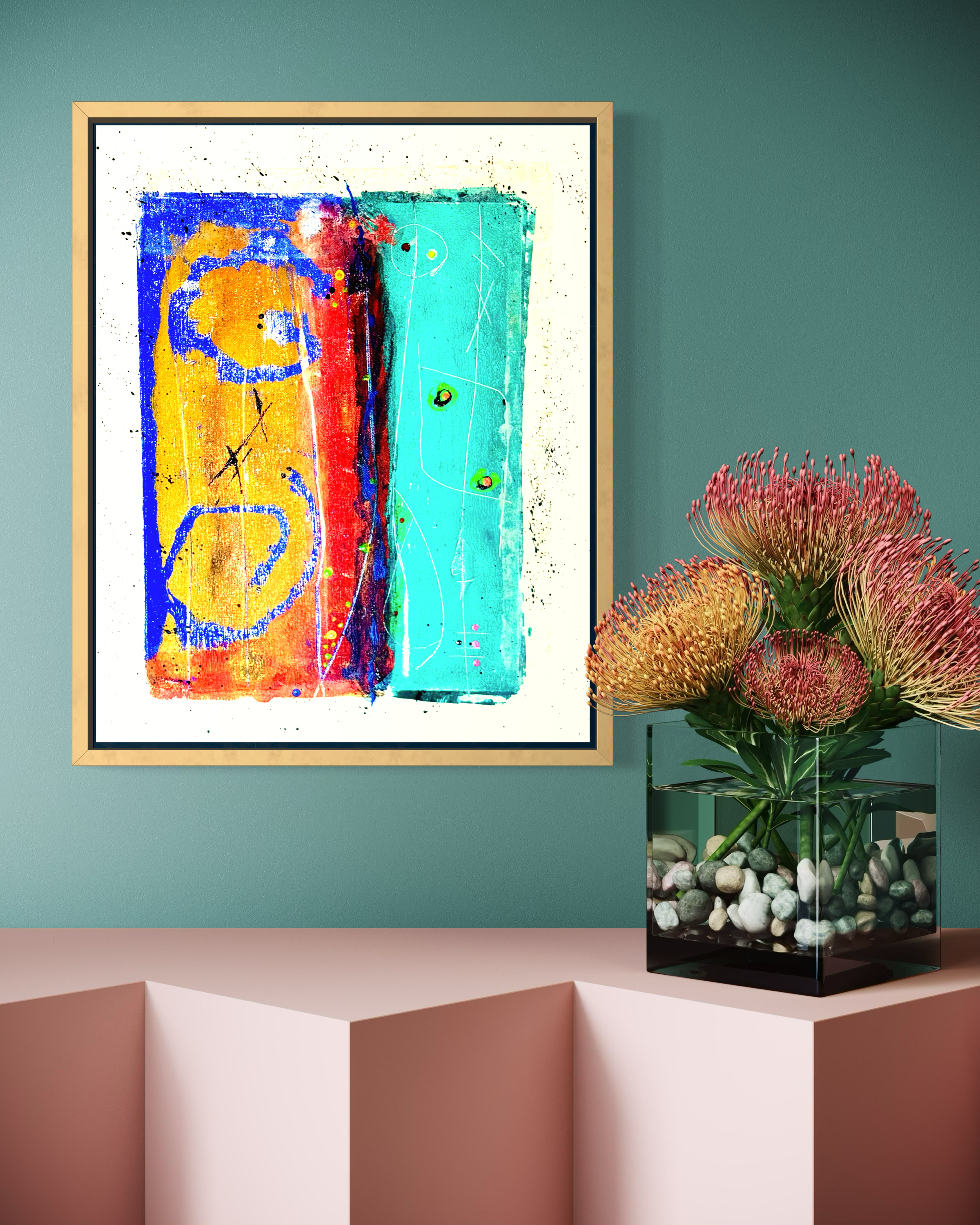 Registered Meridian displayed on a teal wall above a pink console with a dark vase holding orange and red flowers; digital room mockup.