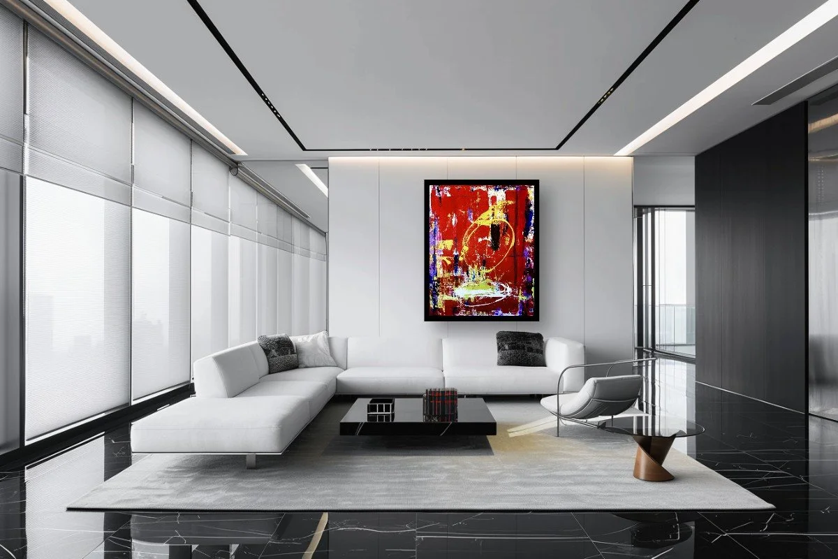 Registered Interruption displayed above a white sectional sofa in a modern living room with floor-to-ceiling windows and low dark coffee tables; digital room mockup.