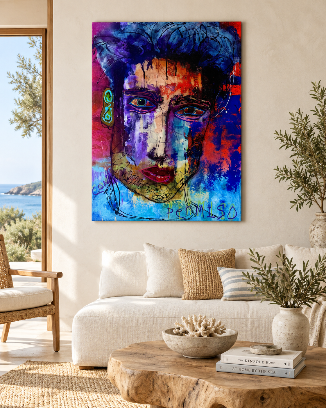 Con Permiso displayed above a cream sofa beside a window overlooking water, with plants and a low coffee table; digital room mockup.