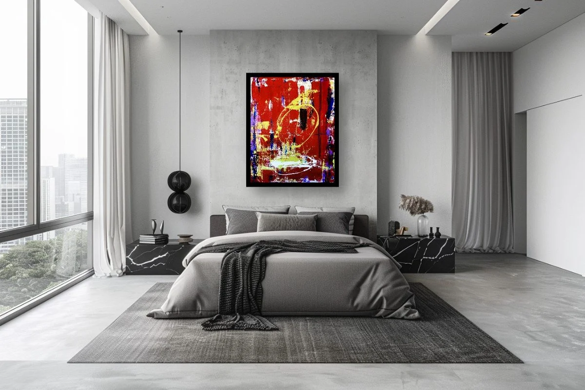 Registered Interruption displayed above a bed with gray bedding in a neutral bedroom with bedside tables and tall curtains; digital room mockup.