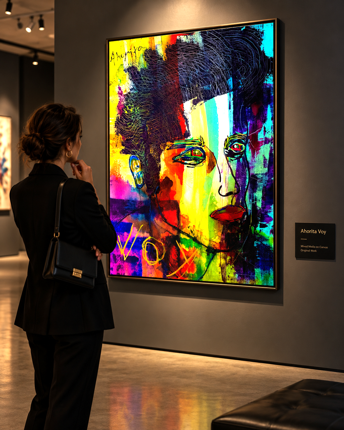 Ahorita Voy displayed on a dark gallery wall with a person standing beside it looking at the painting; digital gallery mockup.