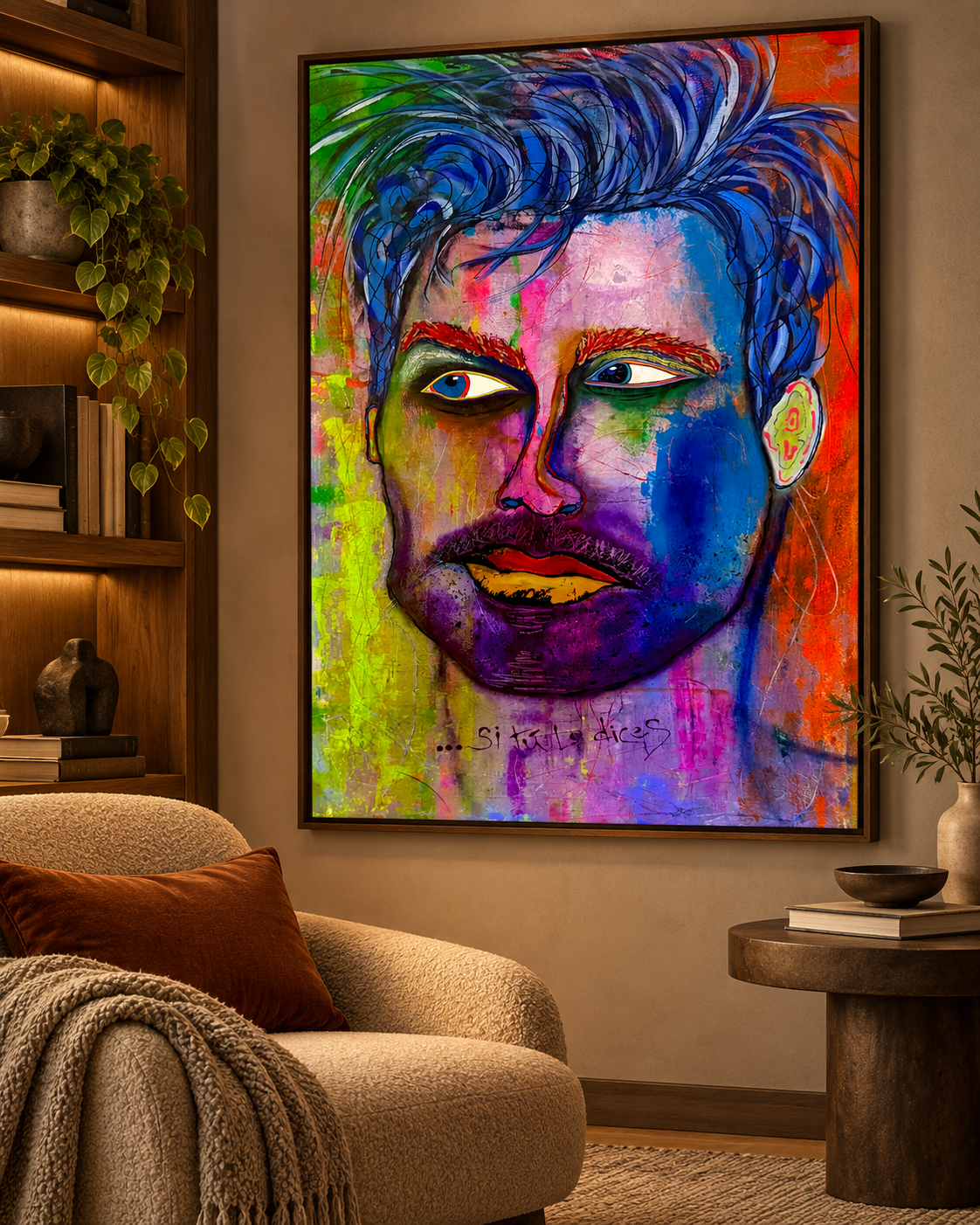 De Acuerdo… Si Tú Lo Dices displayed above a textured armchair beside shelving, a side table, and a leafy arrangement; digital room mockup.