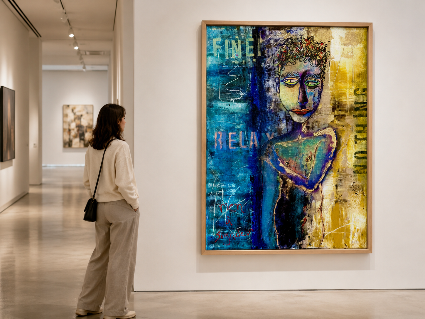 Nothing’s Wrong displayed on a white gallery wall, with a visitor standing to the left looking at the painting; digital gallery mockup.