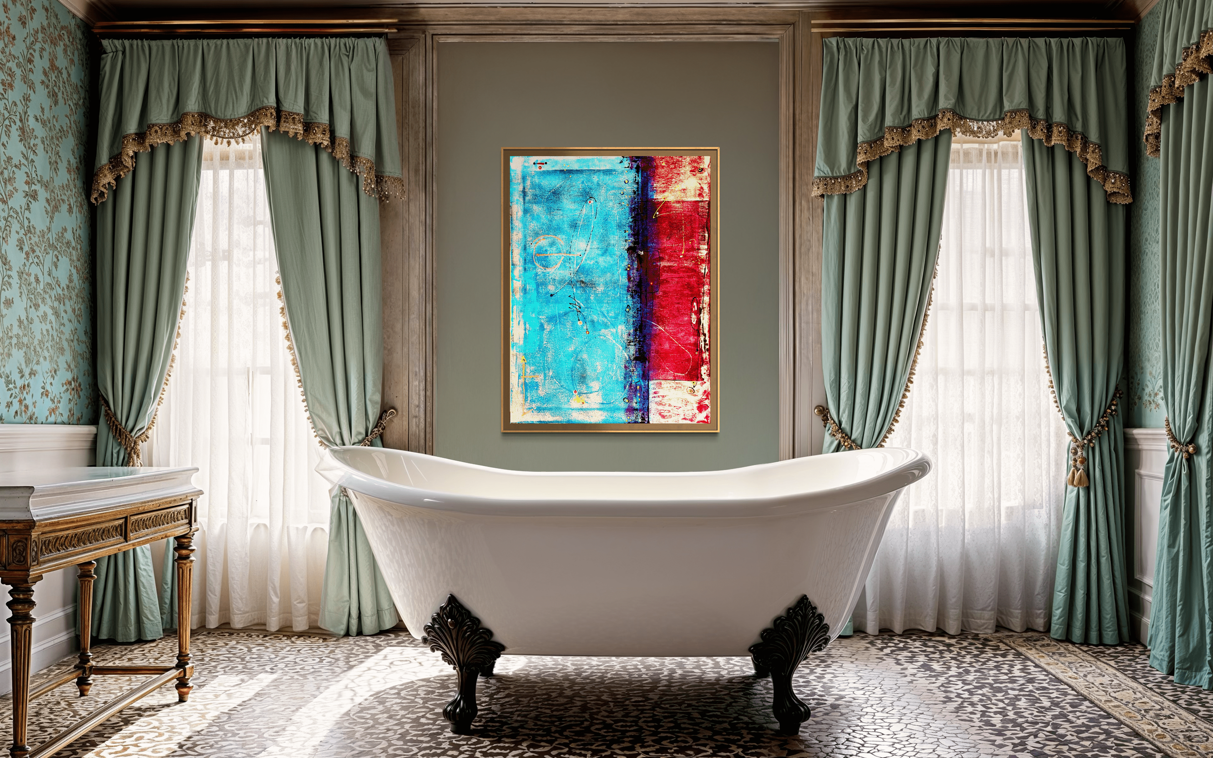 Registered Faultlight displayed above a freestanding white bathtub between tall windows with green curtains, over a patterned tile floor; digital room mockup.