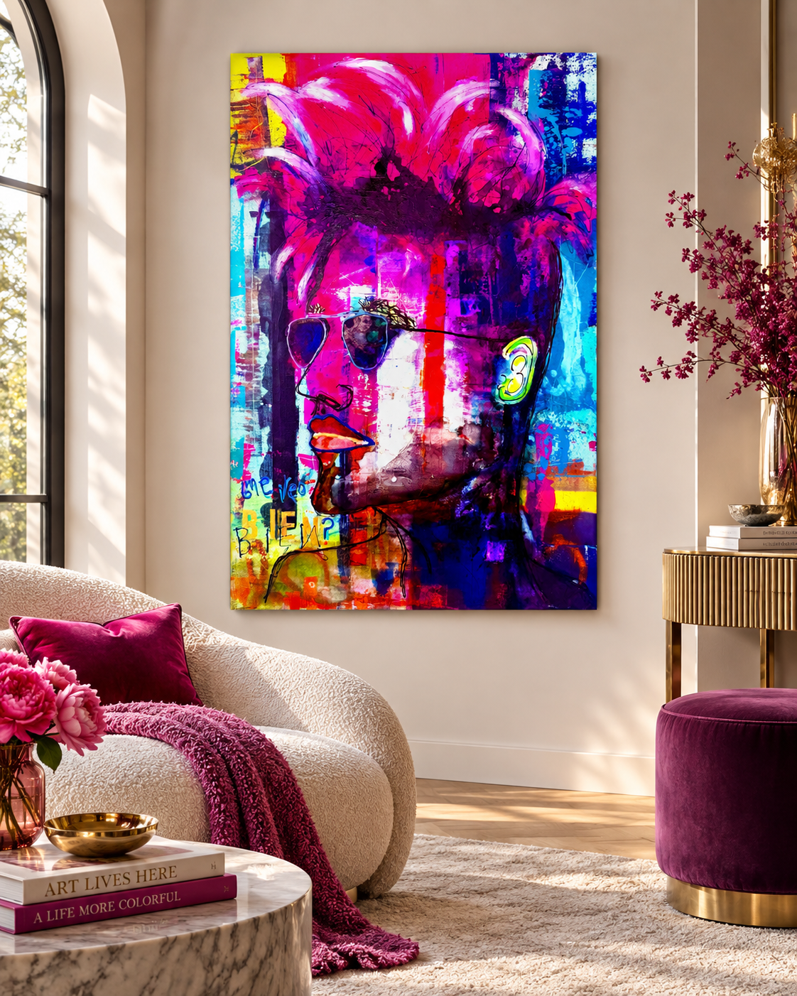 ¿Me Veo Bien? displayed above a curved cream armchair with magenta cushions and a throw, beside pink flowers and a purple ottoman; digital room mockup.
