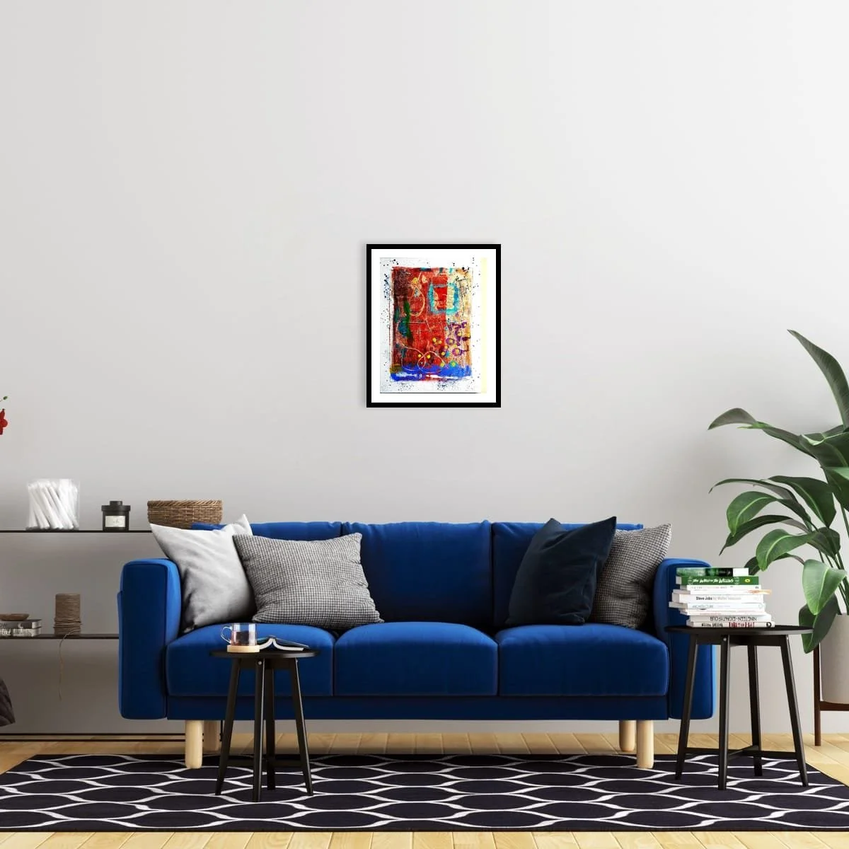 Registered Palimpsest displayed above a deep blue sofa with light cushions, beside small tables and leafy plants, over a black-and-white patterned rug; digital room mockup.