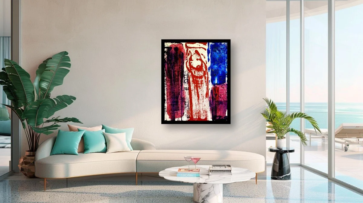 Registered Pressure displayed above a cream sofa with turquoise cushions, beside round coffee tables and a bright window; digital room mockup.