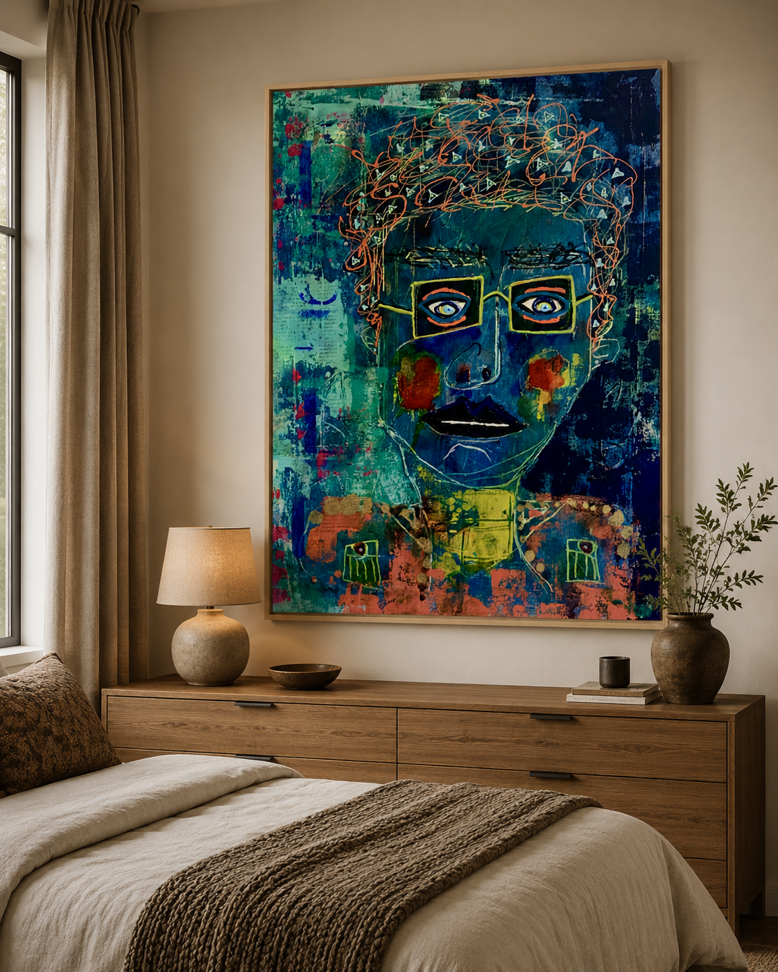 The Look Was Intentional (LuLu) displayed above a wooden dresser with a table lamp and decorative objects, beside a bed and curtains; digital room mockup.