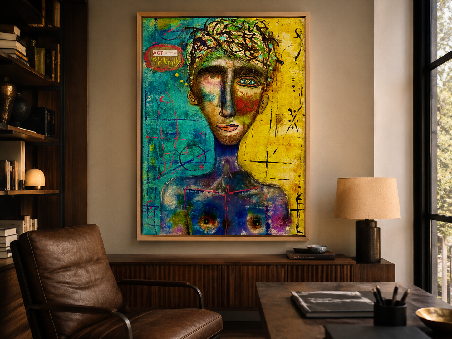 Act Naturally displayed above a wooden console beside a brown leather chair, table lamp, and coffee table with books in a warmly lit room; digital room mockup.