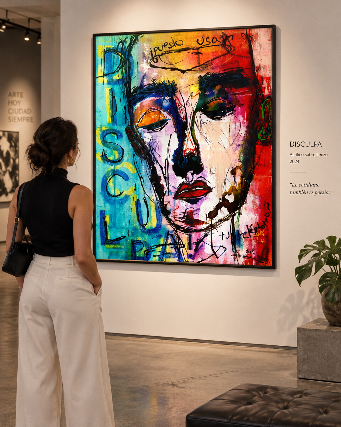 Disculpa! ¿Puedo Usar Tu Telephono? displayed on a white gallery wall with a visitor standing beside it looking at the painting; digital gallery mockup.