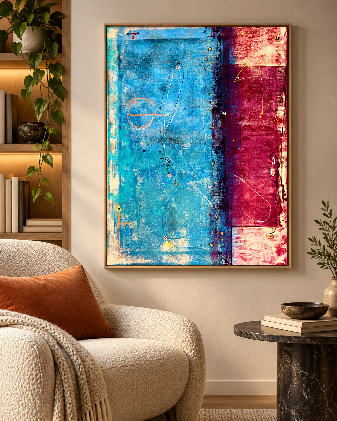 Registered Faultlight displayed above a textured cream armchair with a rust-colored cushion, beside shelving, plants, and a small side table; digital room mockup.