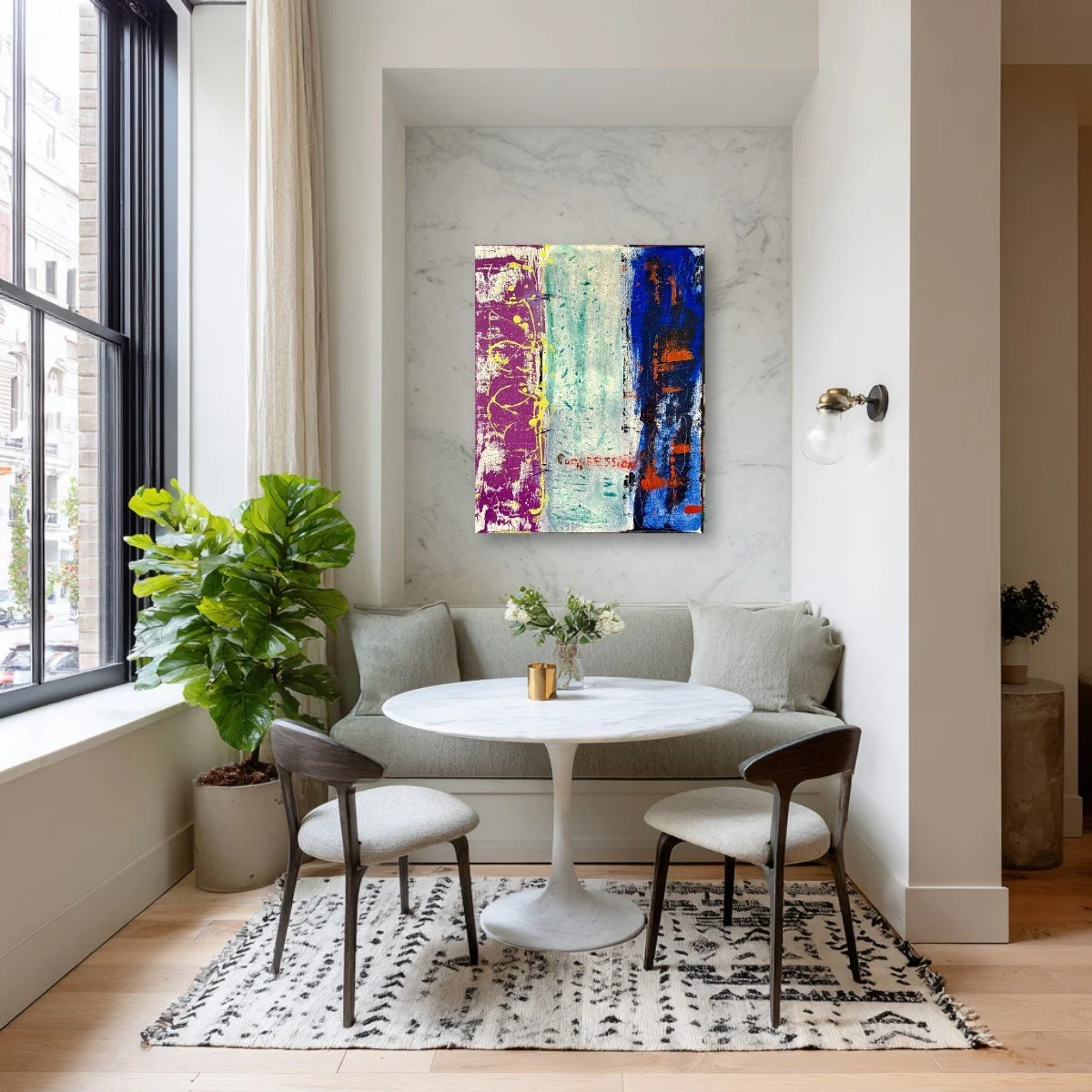 Registered Compression displayed above a cushioned dining nook with a round white table, two chairs, tall windows, and a leafy plant; digital room mockup.