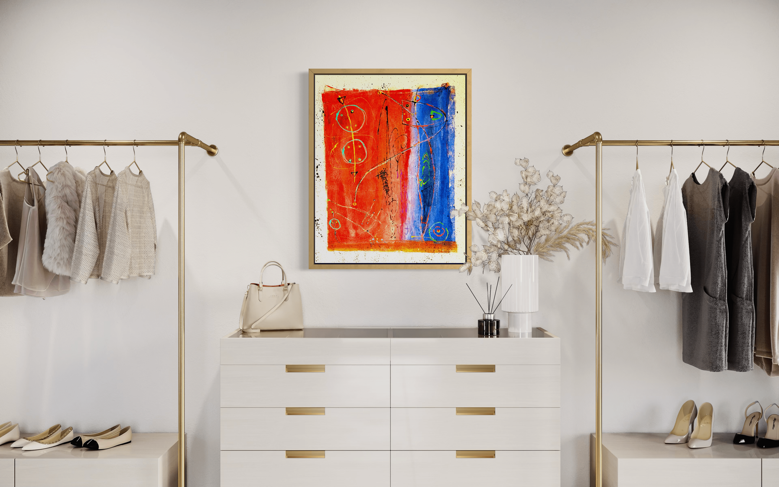 Registered Vector displayed above a white dresser with brass handles, flanked by slender lamps and decorative objects; digital room mockup.