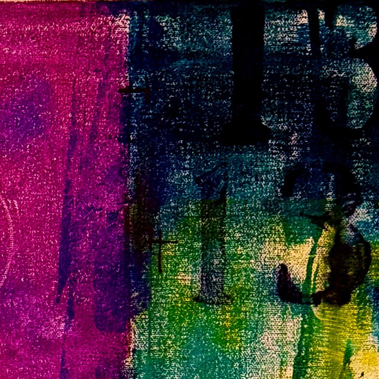 Detail of Registered Misprint (13), showing textured magenta paint beside dark blue and black vertical marks, with layered turquoise, green, and yellow below.