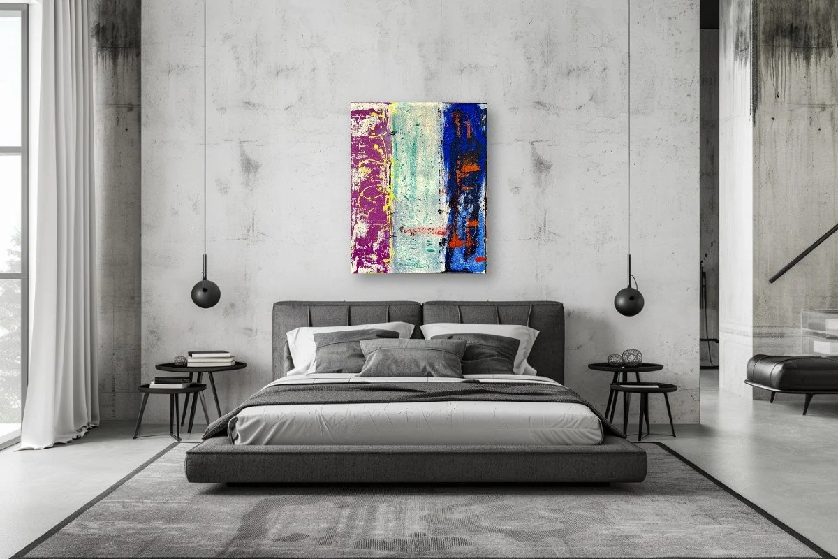 Registered Compression displayed above a gray upholstered bed against a concrete wall, with dark bedside tables and black pendant lights; digital room mockup.