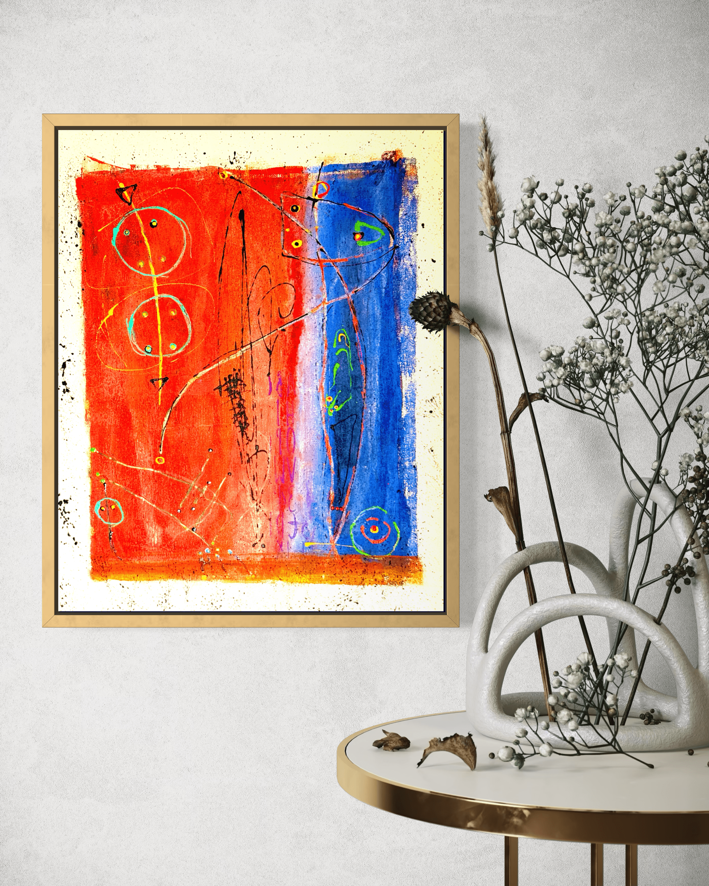 Registered Vector displayed on a textured pale wall beside leafy branches and a curved sculptural object on a light tabletop; digital room mockup.