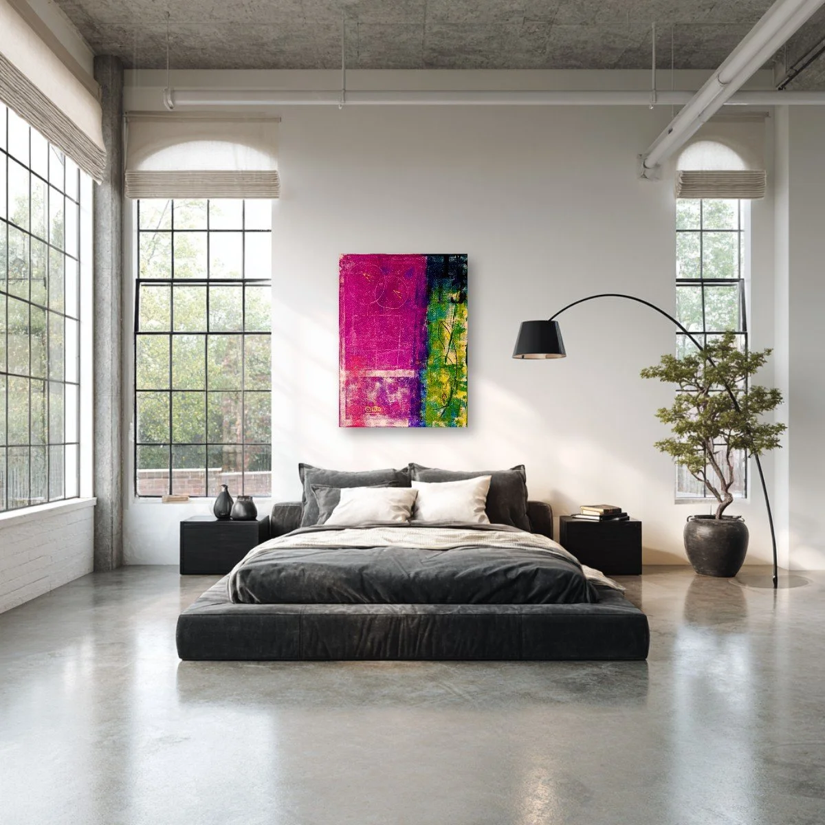 Registered Misprint (13) displayed above a low bed with dark bedding in an industrial bedroom with tall windows, exposed ceiling beams, and an arched floor lamp; digital room mockup.