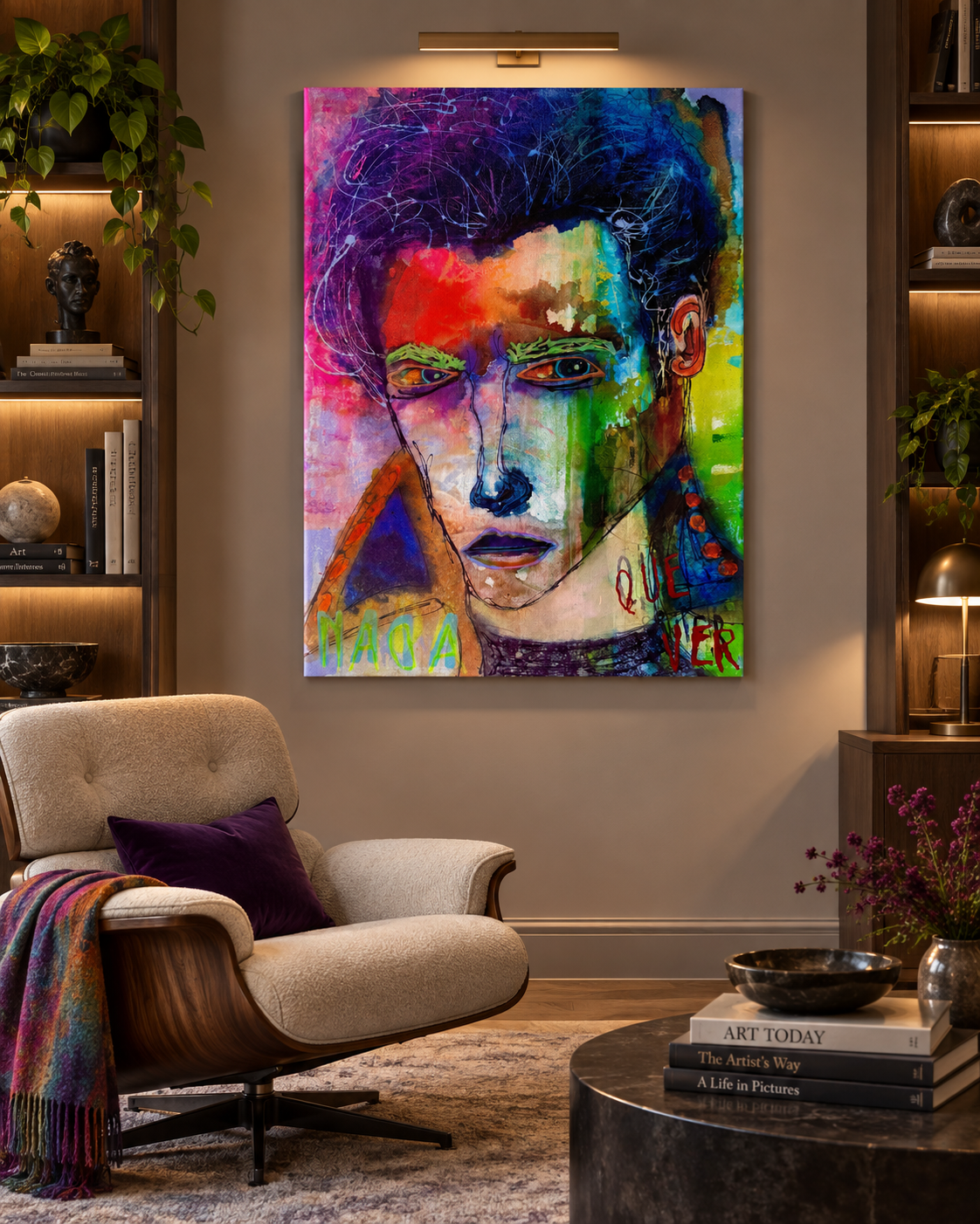 Nada Que Ver displayed above an armchair with a colorful throw, between shelving and a floor lamp; digital room mockup.