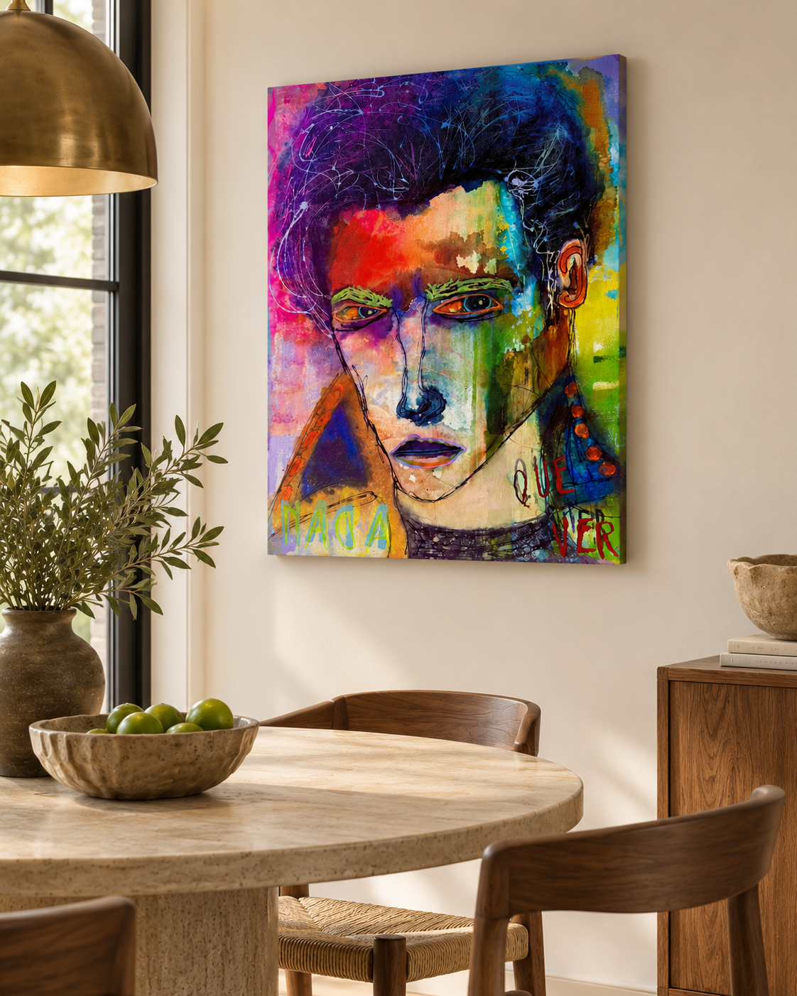 Nada Que Ver displayed above a round dining table with a leafy arrangement beside a window; digital room mockup.