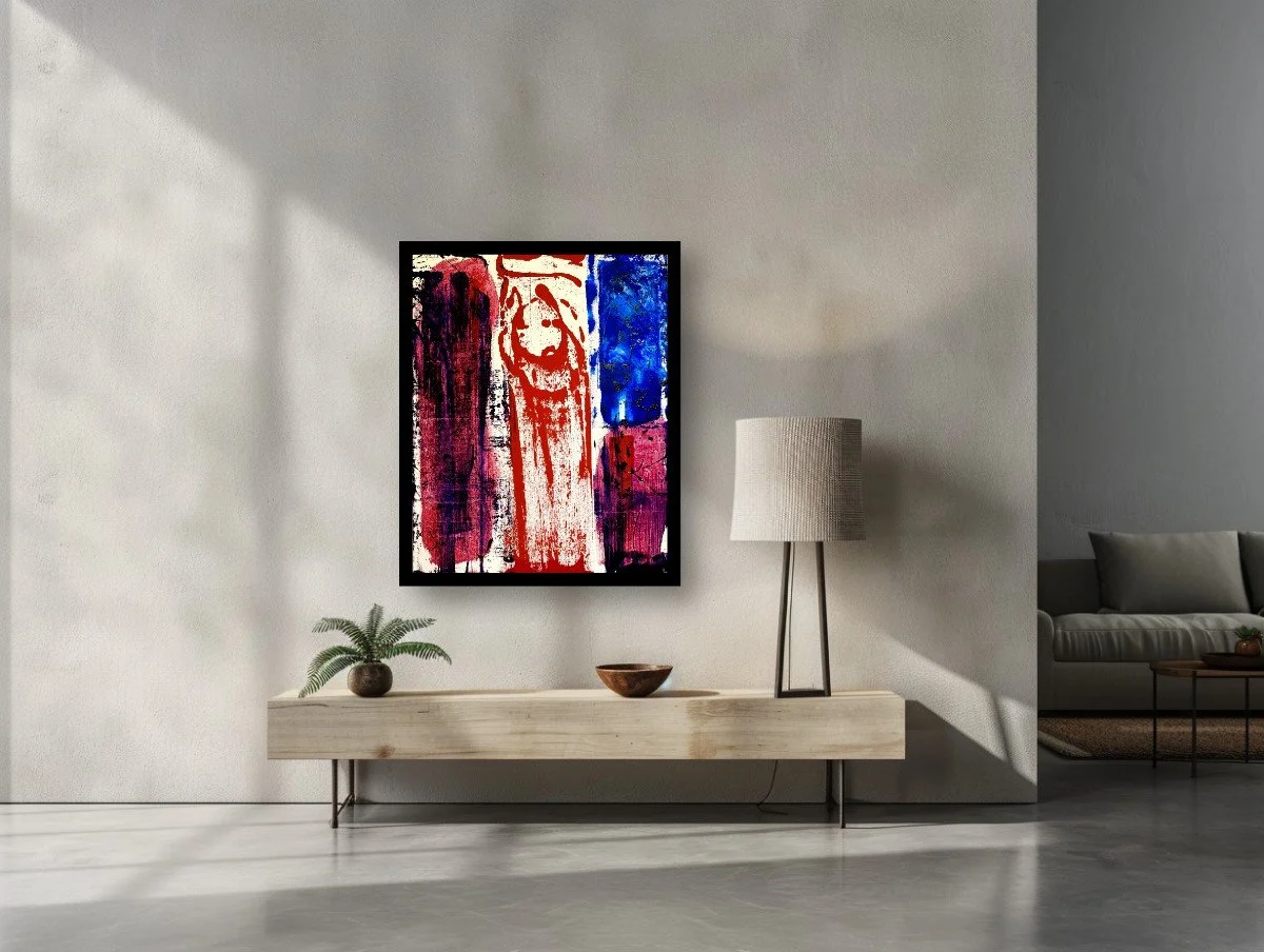 Registered Pressure displayed above a pale console with a small plant, decorative bowl, and tall lamp, with window shadows across the wall; digital room mockup.