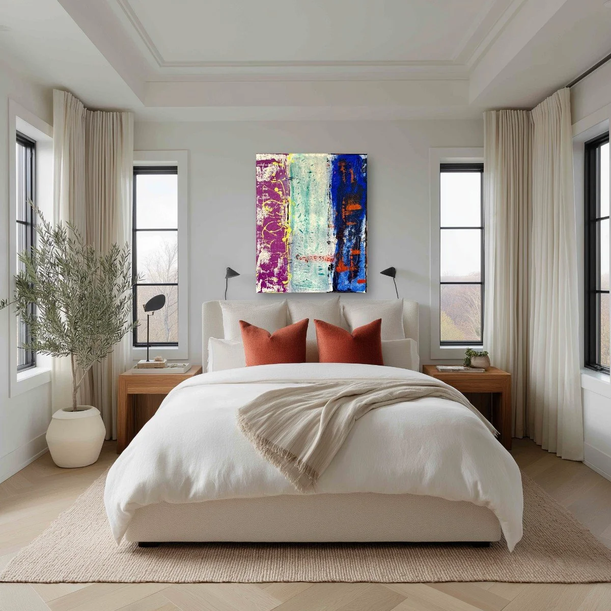 Registered Compression displayed above a cream bed with rust-colored cushions and a beige throw, between narrow windows in a bright bedroom; digital room mockup.