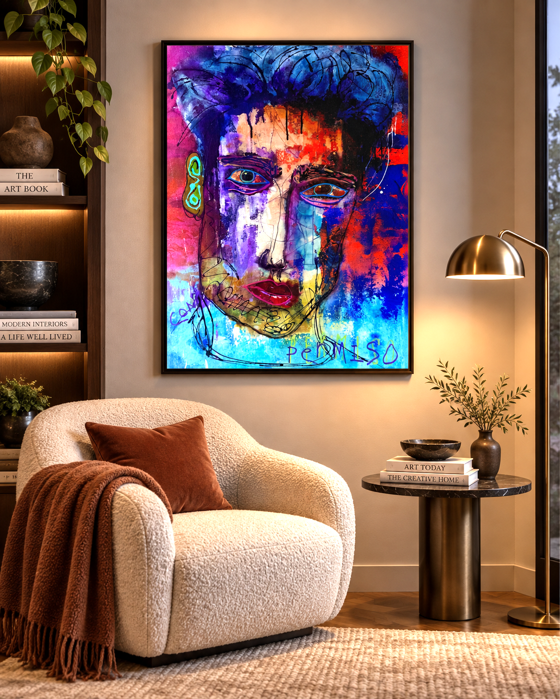 Con Permiso displayed above a cream armchair with a rust-colored throw, beside shelving, a side table, and a brass floor lamp; digital room mockup.