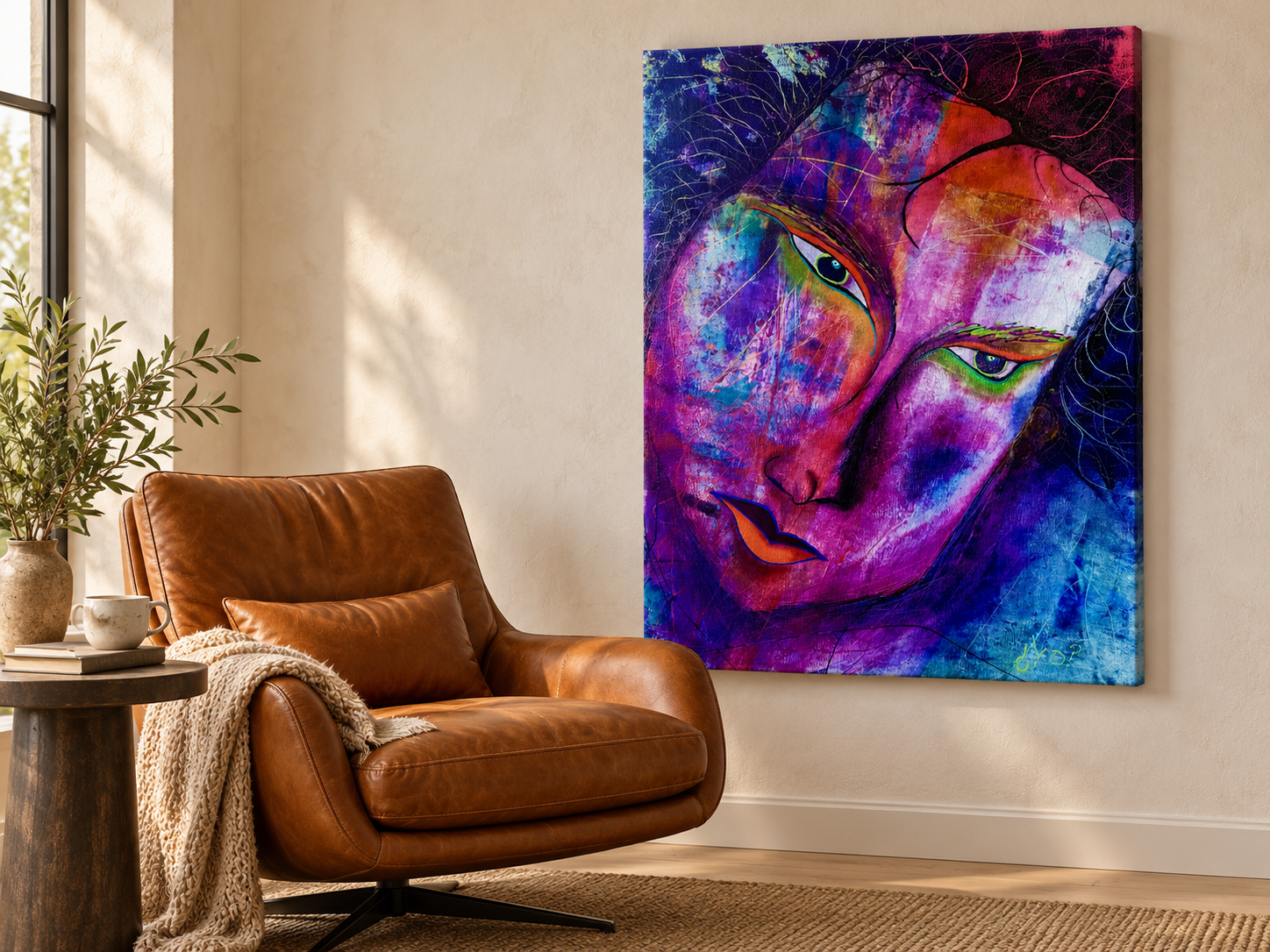 Digital room visualization of Aedan Hanley’s Que Raro displayed unframed beside a cognac leather lounge chair against a pale wall.
