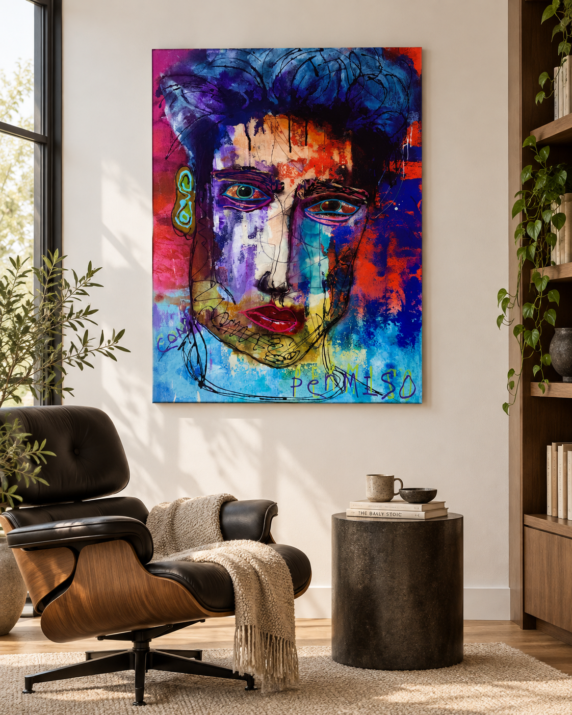 Con Permiso displayed above a dark lounge chair beside a window, with a side table and leafy plants; digital room mockup.