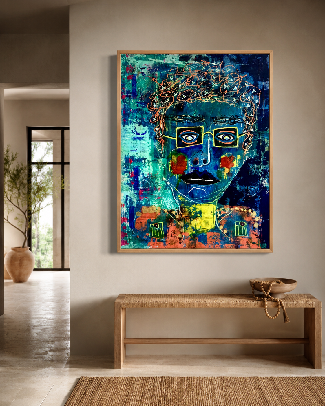 The Look Was Intentional (LuLu) displayed above a wooden bench with decorative objects, beside an open doorway and a floor vase; digital room mockup.