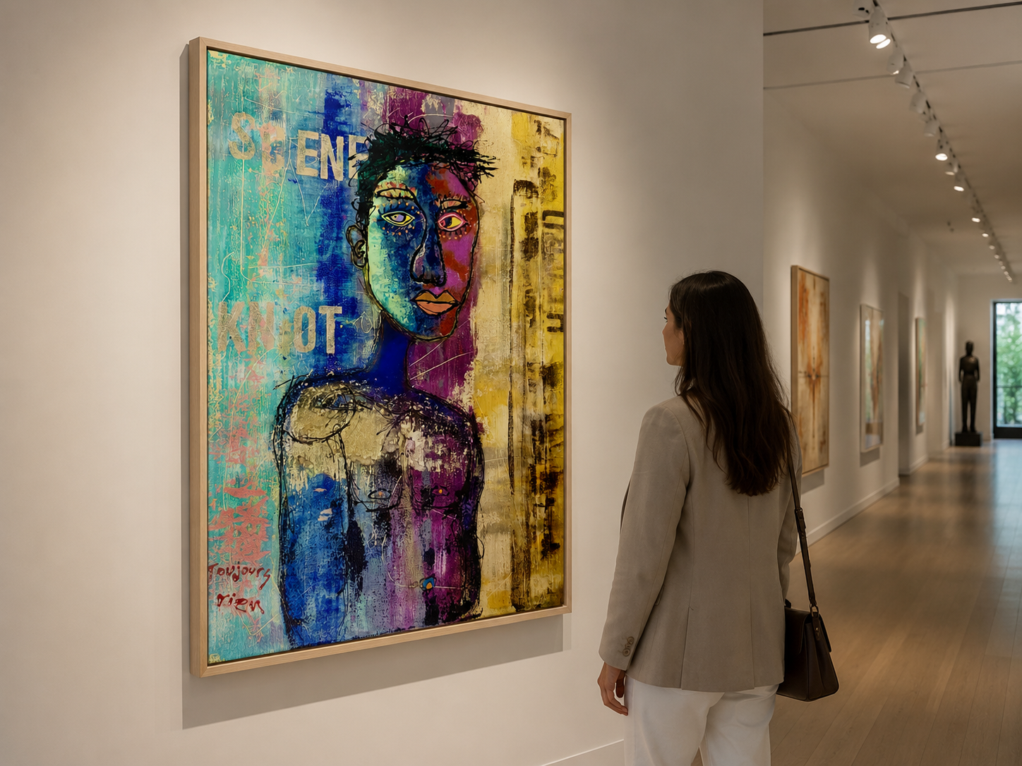 Read Receipt shown at an angle on a white gallery wall, with a visitor standing to the right looking at the painting; digital gallery mockup.