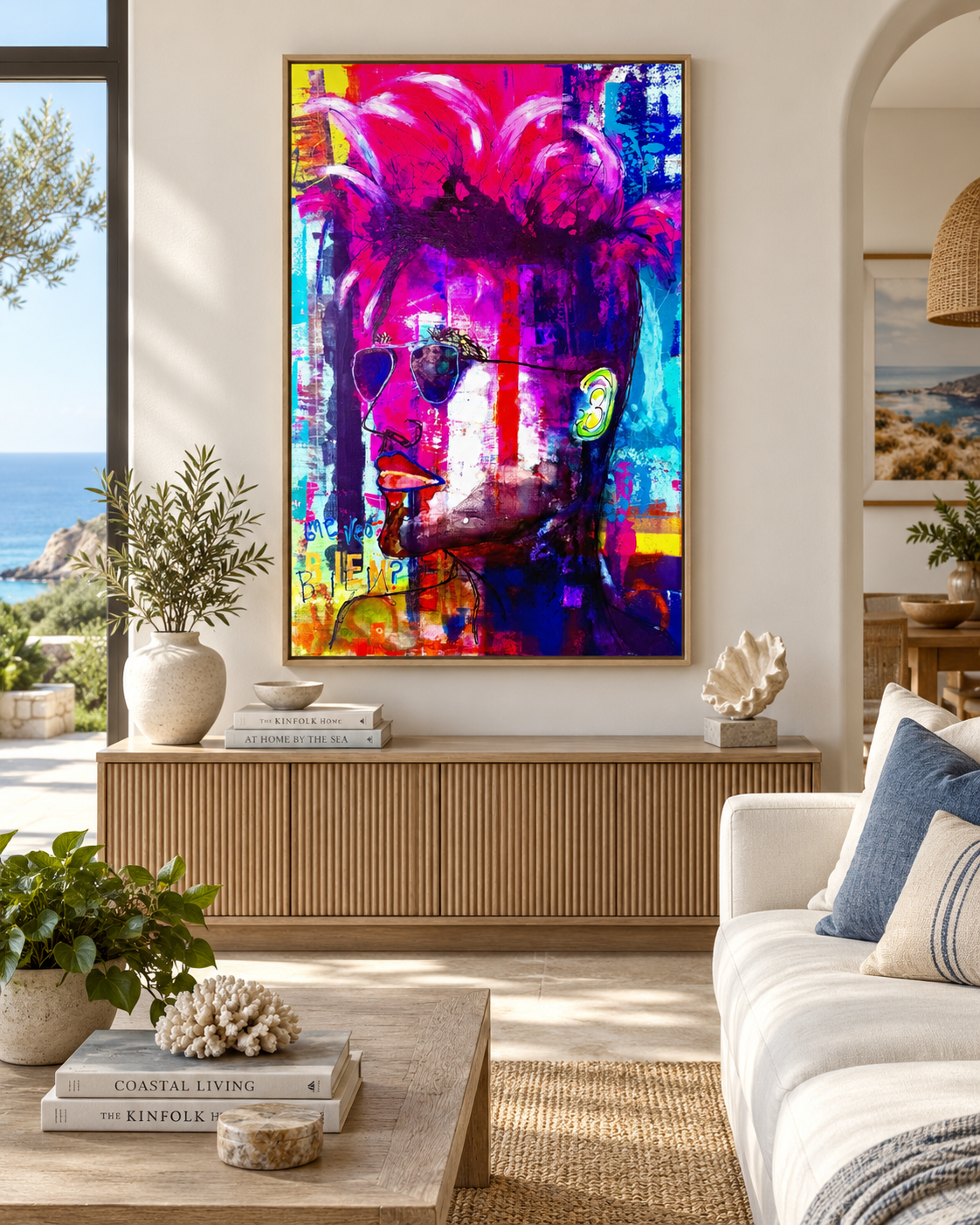 ¿Me Veo Bien? displayed above a wooden console in a bright living room with a cream sofa, leafy plants, and a window overlooking water; digital room mockup.
