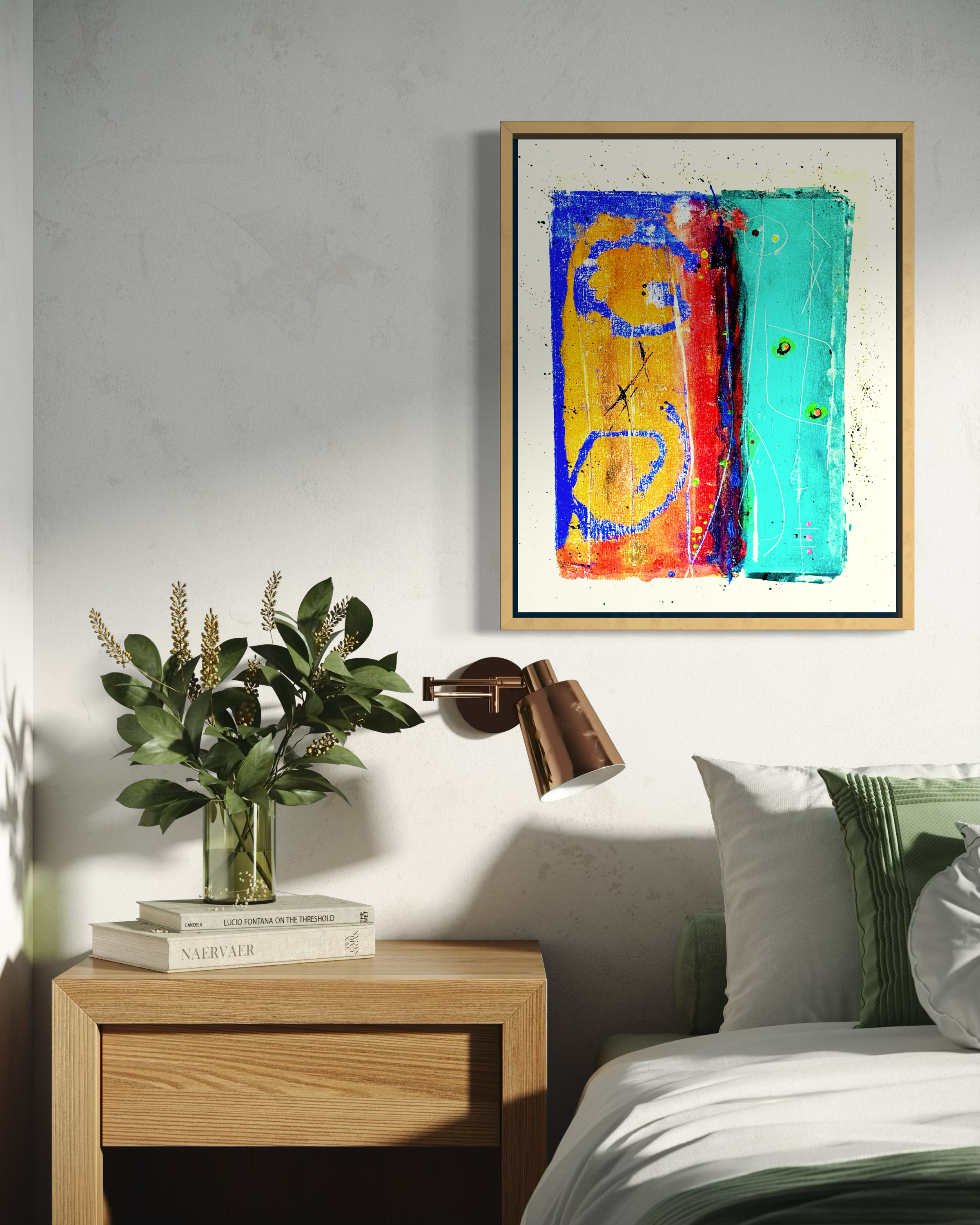 Registered Meridian displayed above a wooden bedside table with leafy branches and books, beside a brass reading lamp and neutral bedding; digital room mockup.