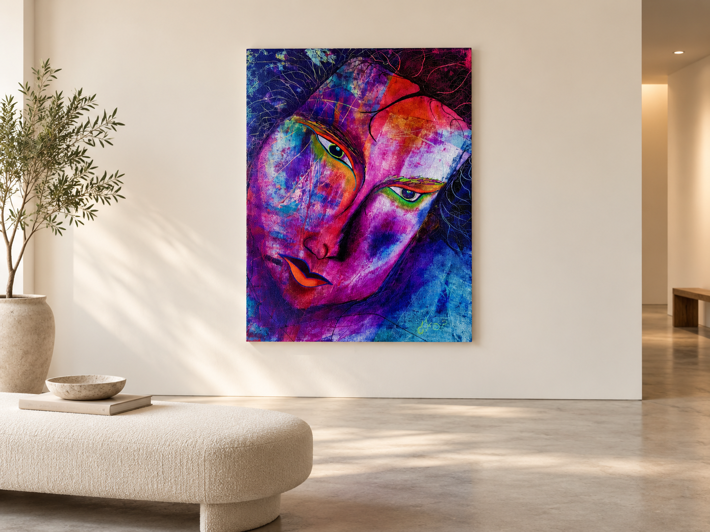 Digital gallery visualization of Aedan Hanley’s Que Raro, a colorful expressive portrait displayed unframed on a pale wall near an upholstered bench.