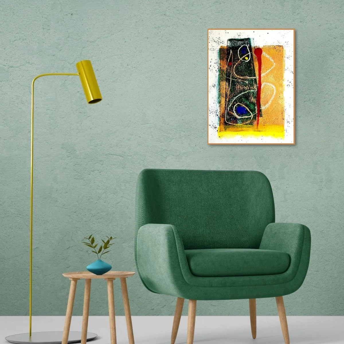 Index Of A Moment displayed on a pale green wall above a green armchair, beside a yellow floor lamp and a small wooden table; digital room mockup.