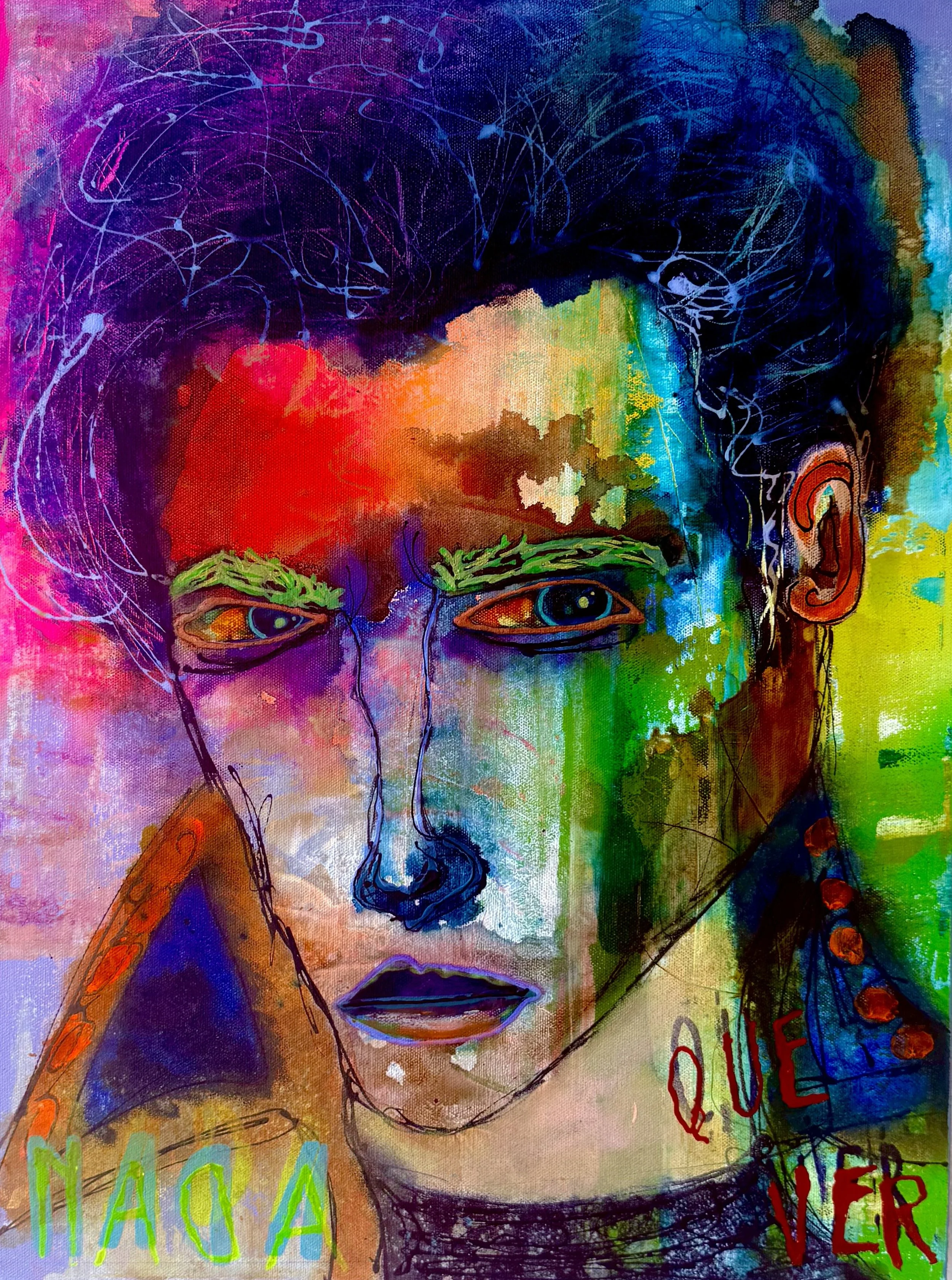 Expressive mixed-media portrait with saturated color, layered marks, and handwritten text by Aedan Hanley.