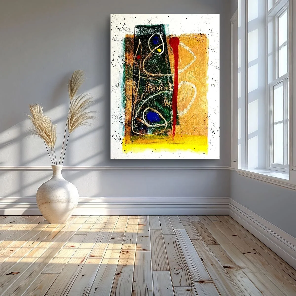 Index Of A Moment displayed on a gray wall beside a bright window, with a floor vase holding dried grasses and sunlight across wooden floorboards; digital room mockup.
