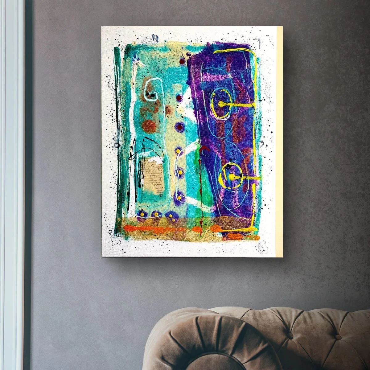 Registered Circuit displayed on a textured dark gray wall above a tufted chair, with a curtain to the left; digital room mockup.