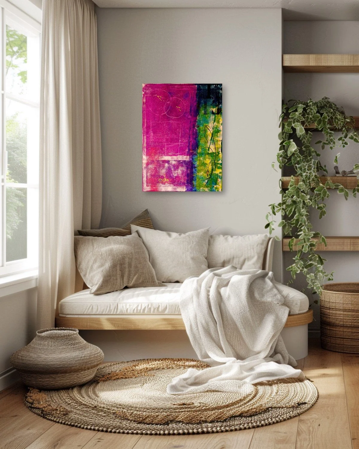 Registered Misprint (13) displayed above a cream sofa with neutral cushions and a draped throw, beside a tall window and leafy plants; digital room mockup.
