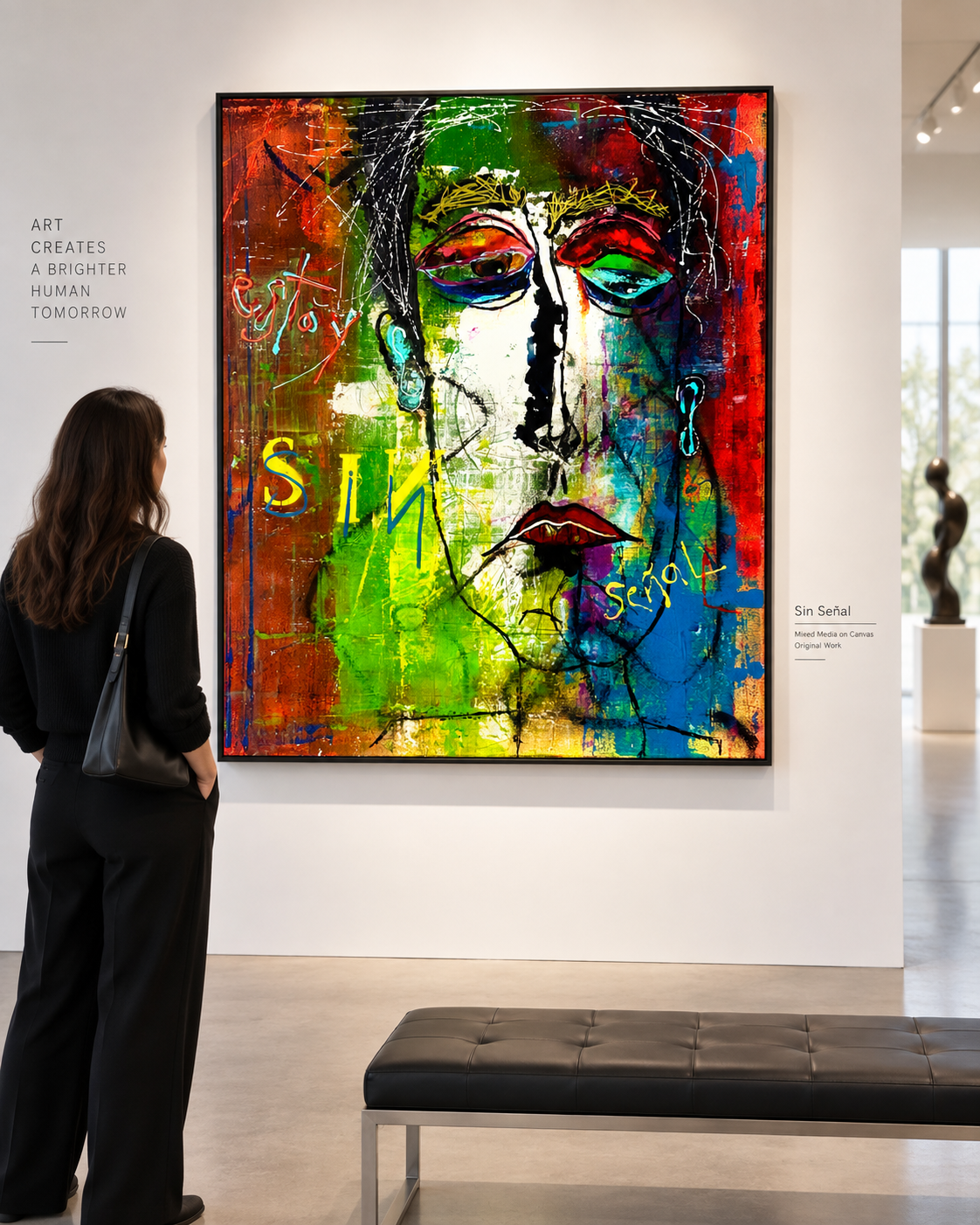 Estoy Sin Señal displayed on a white gallery wall with a visitor standing beside it looking at the painting; digital gallery mockup.