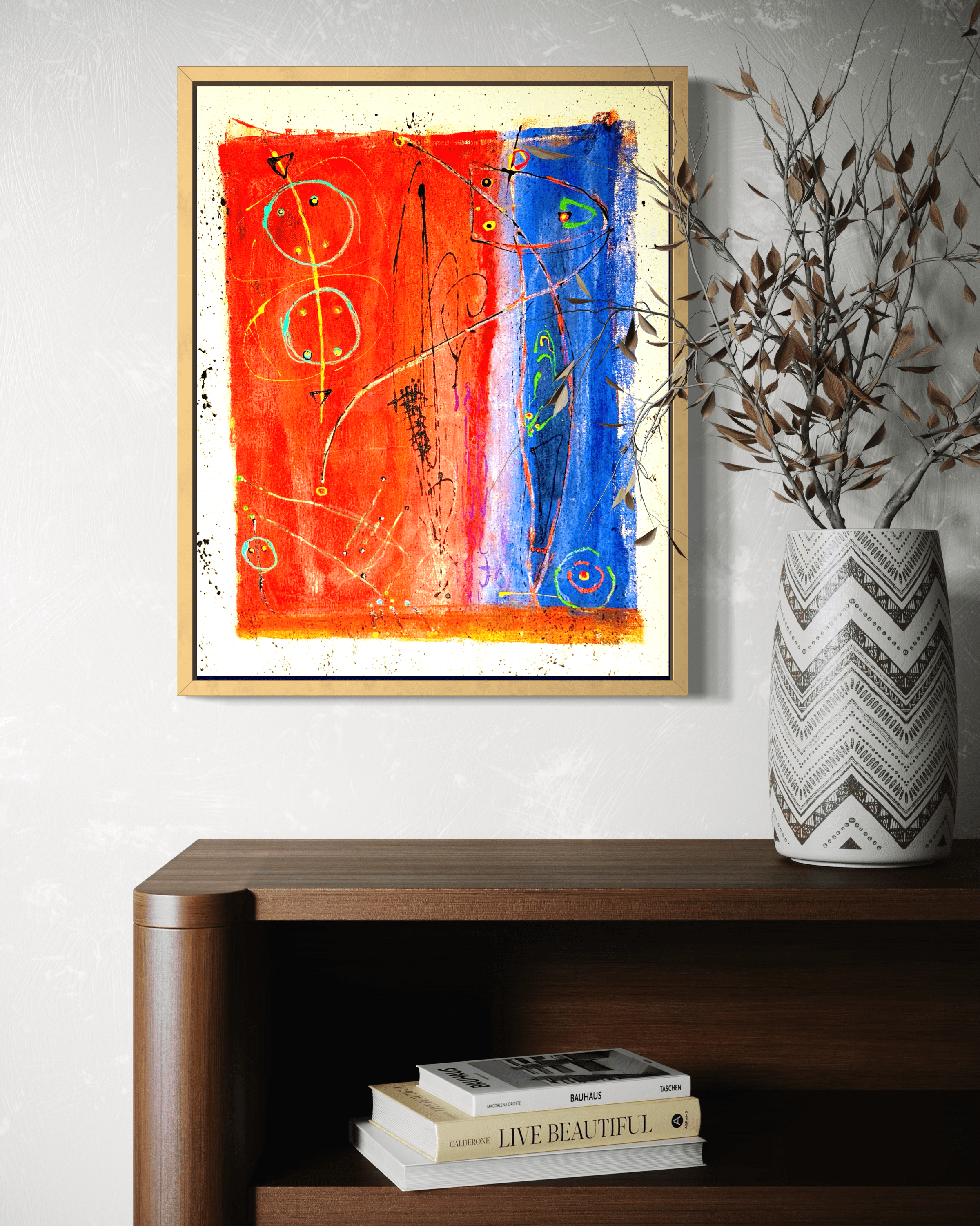 Registered Vector displayed above a dark wooden console beside a tall patterned vase holding leafy branches; digital room mockup.