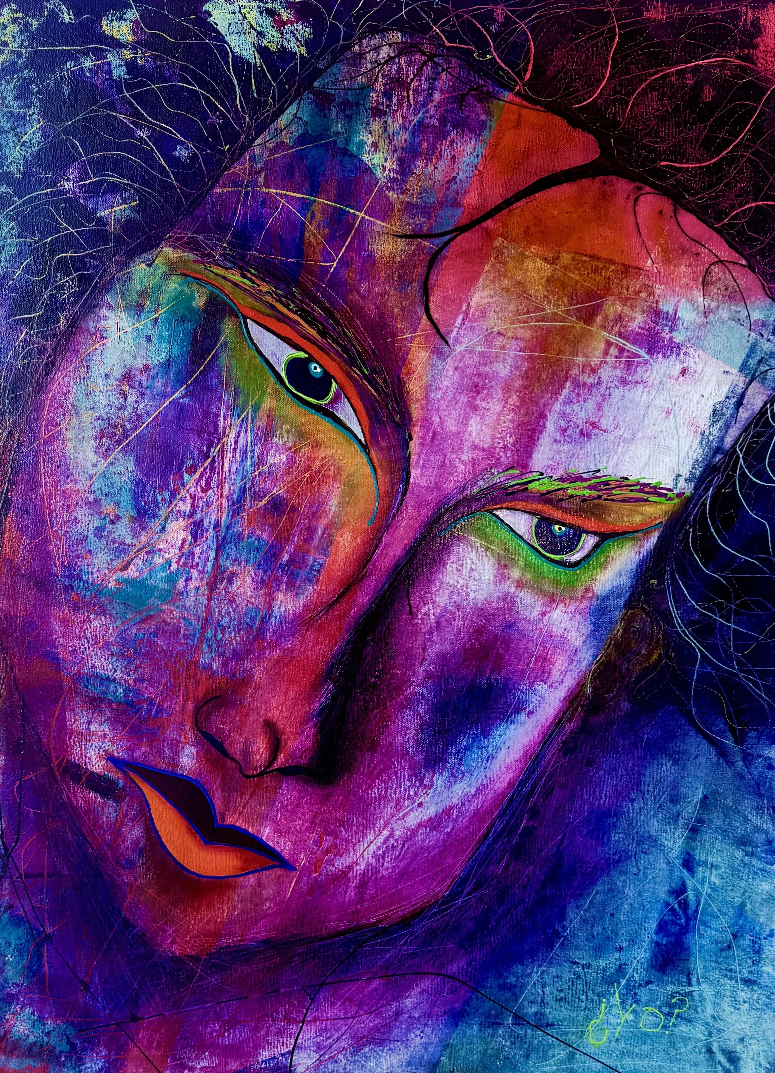 Que Raro by Aedan Hanley, a colorful figurative painting featuring an expressive face in violet, magenta, turquoise and orange, scratched lines and a small handwritten “yo?”