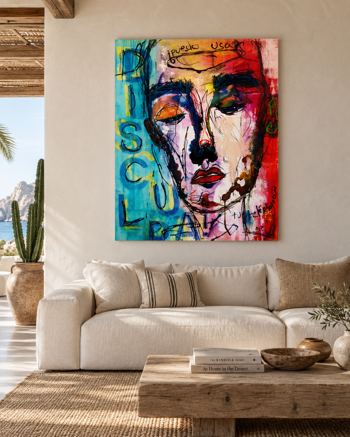Disculpa! ¿Puedo Usar Tu Telephono? displayed above a cream sofa with cushions and a low coffee table in a bright living room; digital room mockup.