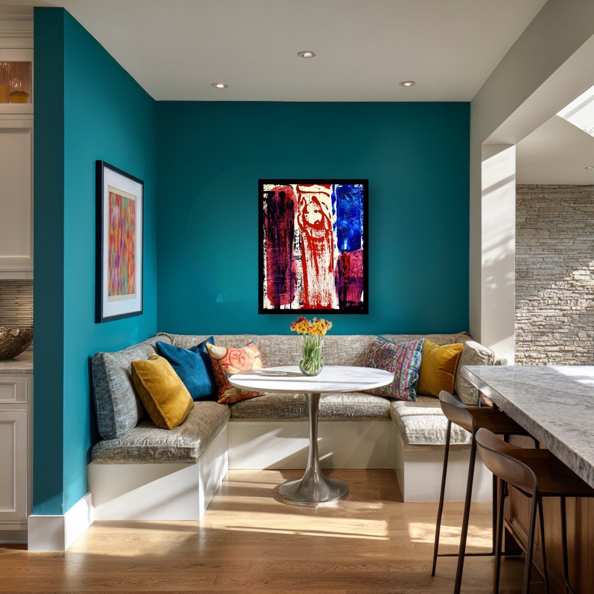Registered Pressure displayed on a teal wall above a dining nook with cushioned bench seating, a round table, and chairs; digital room mockup.