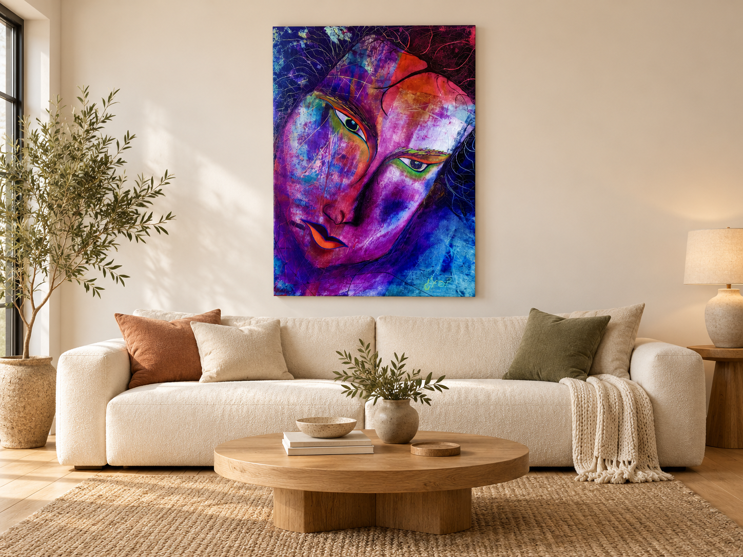 Digital room visualization of Aedan Hanley’s Que Raro, a colorful figurative painting displayed unframed above a cream sofa.